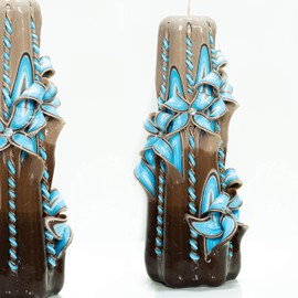 Carved Candle Artisan, Handcrafted Decorative Dipped Candle, Home Decor, Fancy Unique Birthday Gift, Thanksgiving Gift, Christmas Large Candle, Present for mom, Brown Blue, Blue Flowers 8"