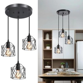 ROCUNSI 3-Light Pendant Light Fixtures, Farmhouse Hanging Pendant Lighting, Dining Room Chandelier, Industrial Kitchen Island Hanging Light Fixture, Black Metal Cage Pendant Ceiling Lamp for Kitchen