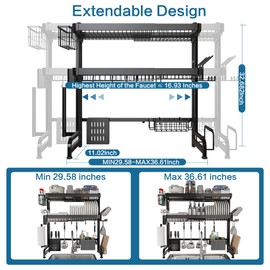 LIVOD Over The Sink Dish Drying Rack,3 Tier Adjustable Length Full Stainless Steel Large Storage Kitchen Dish Rack,for Kitchen Counter Expandable Multifunctional Organizers,Silver(25.5'' to 37.4'')