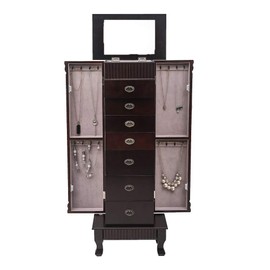 FRITHJILL Standing Jewelry Armoire Cabinet,Jewellery Box Organizer Storage Chest with 7 Drawers,2 Swing Doors,16 Necklace Hooks,Brown