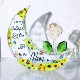 Glass Sentimental Gifts for Sister from Sister on Birthday, Moon-shaped Plaque Keepsakes with Gold Flower for Her on Graduation Christmas, Decorative Crystal Presents for Girls Home Ornaments