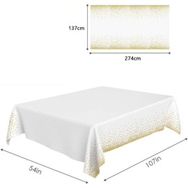 YXHZVON Party Tablecloth Disposable Plastic Tablecloth White Gold Dot Birthday Tablecloth for Graduation Anniversary Wedding Housewarming Party (137 x 274 cm)