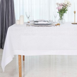 D'Moksha Homes Linen Tablecloth 60 x 144 Inch - 100% Pure Linen Classic Hemstitch White Tablecloth - Machine Washable Dining Tablecloth for Rectangle Tables for Christmas, New Year
