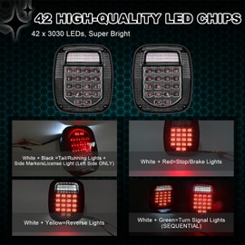 Wodvyss 38 LED Black Lens Tail Lights for Jeep Wrangler YJ TJ CJ, Truck, Trailer, Boat, RV - Brake, Turn, Stop, License, Reverse, 12V Stud Mounted, Waterproof, Pack of 2