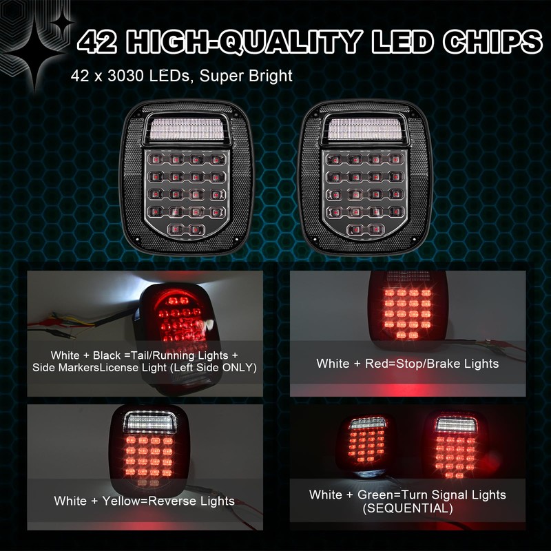 Wodvyss 38 LED Black Lens Tail Lights for Jeep Wrangler