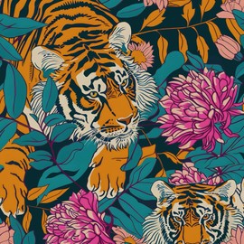 BOKEBEVE Tiger Wallpaper Peel and Stick Vintage Floral Contact Paper Retro Boho Leaf Wall Paper Removable Waterproof Renter Friendly Wall Decor for Bedroom Countertop Desk Cabinet 17.5 x 118In