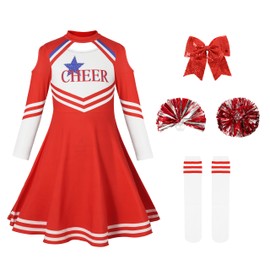 LOLANTA Cheerleader Costume Children, Girls Cheerleader Uniform Dress with Pompoms Socks and Headpiece, Long Sleeve Cheerleading Carnival Costume (Red, 10-11 Years, Size 150)