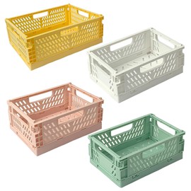 4 Pieces Foldable Storage Baskets, Small Collapsible Storage Crates Multifunctional Plastic Stackable Boxes with Handle for Shelves Desk Bedroom Office Home Kitchen Bathroom 20cm*15cm*9cm