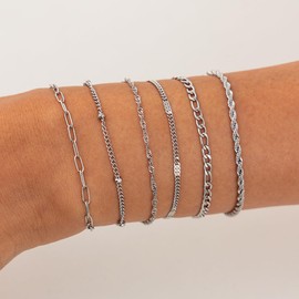 KunJoe Dainty Silver Bracelets for Women Stack, Silver Jewelry Set for Women Bracelet,Layered Stainless Steel Stackable Paperclip Link Chain Bracelet Set