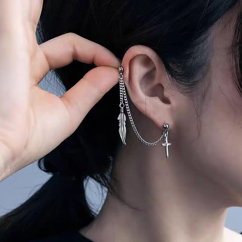 1pcs Double Ball Piercing Chain Dangle Drop Stud Earrings Spike