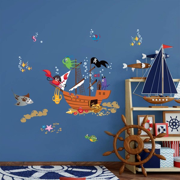 ufengke Pirate Ship Animal Wall Stickers Crab Octopus Bubbles Wall Decals Art Decor for Kids Boys Bedroom Nursery Playroom