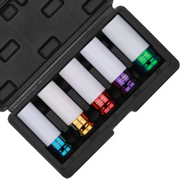 MIXPOWER 5 Pieces 1/2" Drive Wheel Protector Impact Socket Set, CR-MO, Metric/SAE, Thin Wall Deep Impact Socket Set, 6 Point, Color-Coded, 17mm, 19mm, 21mm, 13/16", 7/8"