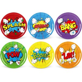 Whaline Super Theme Hero Paper Plate Colorful Hero Disposable Dinner Plate 6 Designs Funny Dinnerware Plate 9 Inch For Birthday Party Supplies Table Decor, 24Pcs