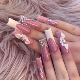 Square Press on Nails Long Fake Nails with Flower Rhinestones Golden Glitter Designs White French Glue on Nails Press ons Light Purple Full Cover Artificial Stick on Nails for Women 24Pcs