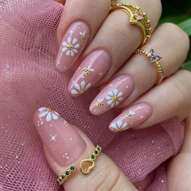 Press on Nails for Women Medium Flowers French Almond Nail Tips Acrylic Nail Fake Nails Press 24 Pcs (Pink-23, Nails-23)