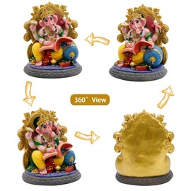 Indian God Ganesha Idol Statue - 5.4”H Ganesh Statue Sitting on Throne Murti India Ganapati Pooja Item Home Office Temple Mandir Shrine Altar Diwali Puja Decor Ideal Gifts for Indian Friend Relative