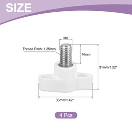 QUARKZMAN Pack of 4 T-wing Screws with Handles Thumb Screws, M8 x 14 mm Male Screw Knob 304 Stainless Steel Thumb Screw Handle 36 mm Diameter, White