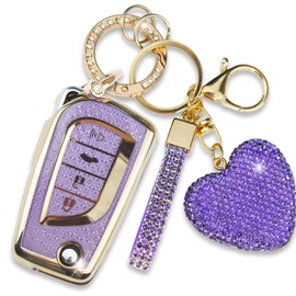 Simocky Key Fob Cover with Diamond Keychain for Toyota Car Key Shell Compatible with Avalon Camry Corolla Fortuner Highlander Levin Rav4 Sequoia Sienna Tacoma Tundra Yaris (4 Buttons-Purple Heart)