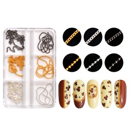 6 Strips Nail Chains for Nail Art 3D Metal Nail Charms Nail Art Decoration Metal Gold Sliver Black Punk Nail Studs Chains Metallic Nail Beads Ball Jewelry Accessories Manicure Tips
