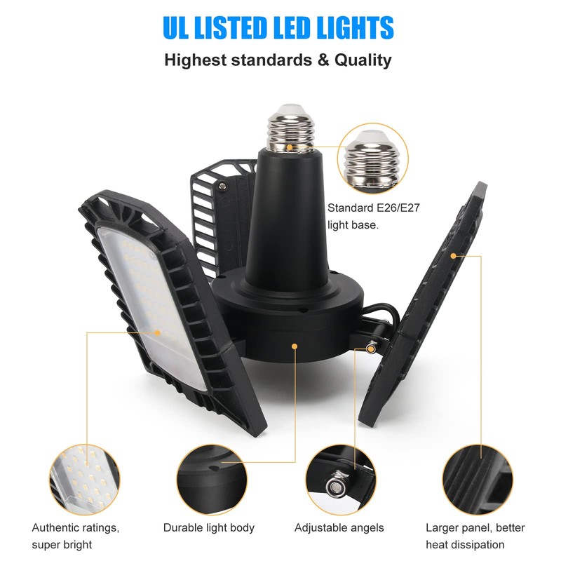 HouLight UL Certified LED Garage Ceiling Lights, 8000 Lumens, E26/E27