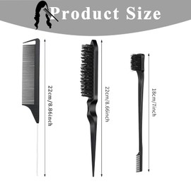 3 Pcs Slick Back Hair Brush, Double Sided Edges Slick Brush Set, Back Combing Teasing Brushes, Backcombing For Women Salon Hair Slicking, Black