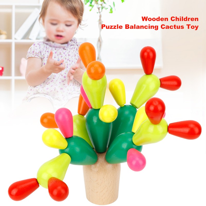 Wooden Children Puzzle Balancing Cactus Toy Assembled Building Blocks