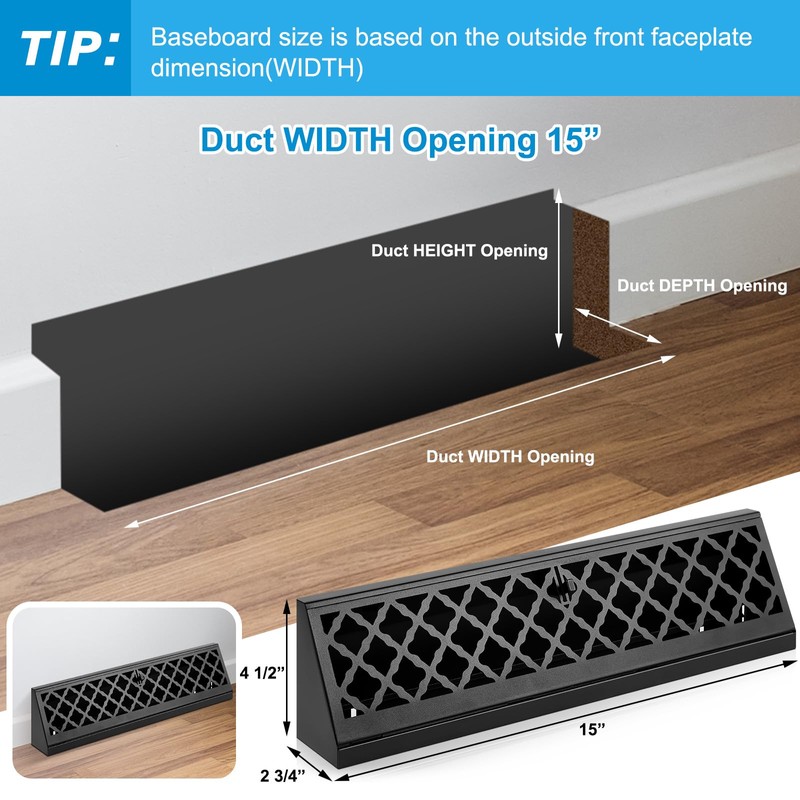 Blulu 1 Pcs 15 Inch Baseboard Register Duct Opening Size