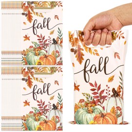 FYSUIMU 50Pcs Fall Party Favor Bag Watercolor Pumpkin Leaves Plastic Treat Bags with Handles Candy Goodie Bags for Autumn Harvest Thanksgiving Snack Cookie Packing