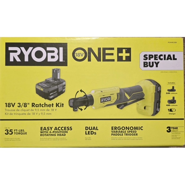 RYOBI ONE+ 18V Cordless 3/8" 4-Postion Ratchet Kit w/ 2