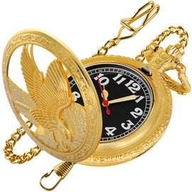 Realpoo Gold Hollowed Out Eagle Quartz Men's Pocket Watch, Arabic Numeral Dial with Chain Pocket Watch for Men