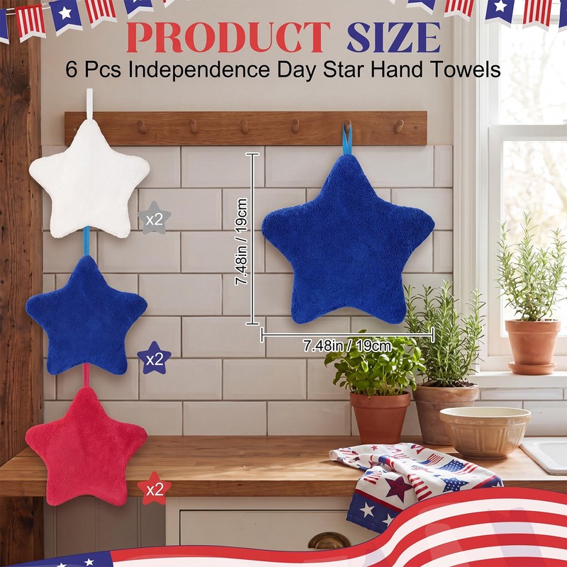 Breling 6 Pcs Patriotic Star Hanging Hand Towels 4th of