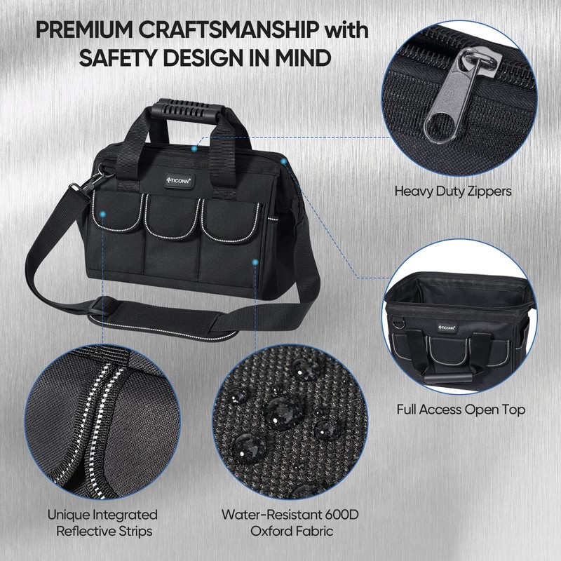 TICONN 12in Tool Bag with Waterproof Soft Bottom, Multi-Pockets Wide