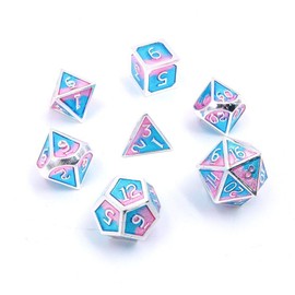 DollaTek 7 PCS Metal Dice Set DND Game Polyhedral Solid Metal D&D Dice Set with Storage Bag and Zinc Alloy with Enamel for Role Playing Game Dungeons and Dragons (Double Color Mix Blue and Pink)