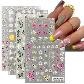 Daisy Nail Art Sticker 5D Exquisite Nail Art Supplies Flower Nail Decal 3D Self-Adhesive Luxurious Colorful Pink Floral Leaf Cherry Blossom Designs Stickers for Women Girls Nail Decorations 4 Sheets