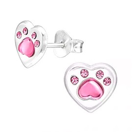 Pink Love Heart Paw Earrings 925 Sterling Silver
