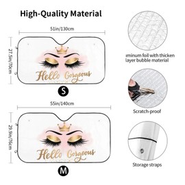 Hello Gorgeous Car Front Windshield Sun Shades, Gold Eye Eyelash Crown Auto Window Sunshade, Summer Sun UV Rays Blocker Visor Protector, Folding Sun Visor Shield Keep Your Vehicle Cool-51x27.5 in