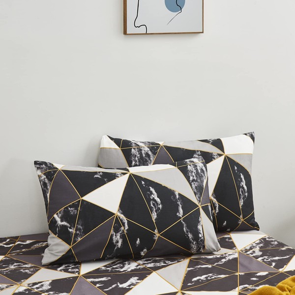 Wellboo Black Marble Pillowcases Queen Black White and Gray Comforter Pillow Cases Modern Marble Black Geometric Pillow Adults Shams Teens Grey Gold Triangle Pillow Shams Abstract Texture Pillowcase