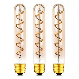 Lxcom Lighting T10 (T30) LED Tubular Edison Bulb, 3W E26 Vintage Edison LED Spiral Filament Amber Glass Bulb, Dimmable, 2200K Warm White, Pack of 3