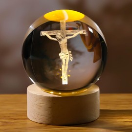Arikyrist 3D Crystal Cross Jesus Figurine Statue, 3D Jesus Nativity Scene Crystal Ball Night Light with Cross Decor, Laser Engraved Crucifix Easter Decoration Christian Catholic Religious Gifts