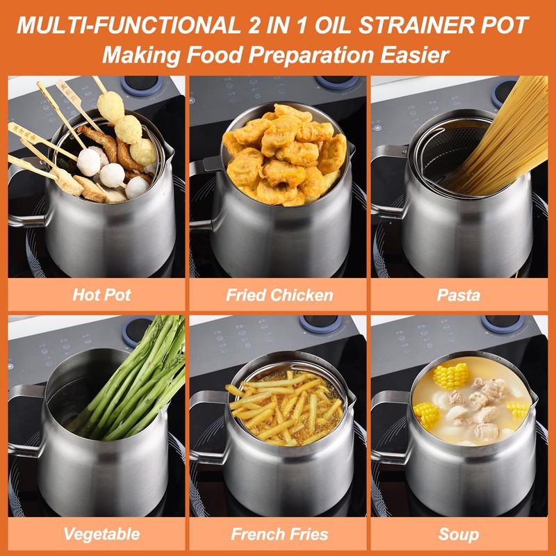 68oz Stainless Steel Oil Filter Pot, Multifunctional 2 in 1