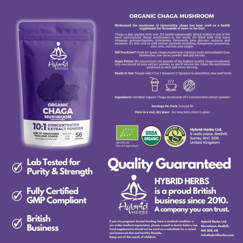 HYBRID HERBS – Organic Wild Chaga Mushroom Powder 10X Strength