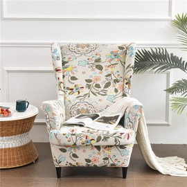 Highdi 2-Piece Wing Chair Cover with Ottoman Protective Cover, Armchair Throws, Wing Chair Protective Covers, Stretch Tiger Chair Cover with Armrest, High Backrest (Nordic Style)