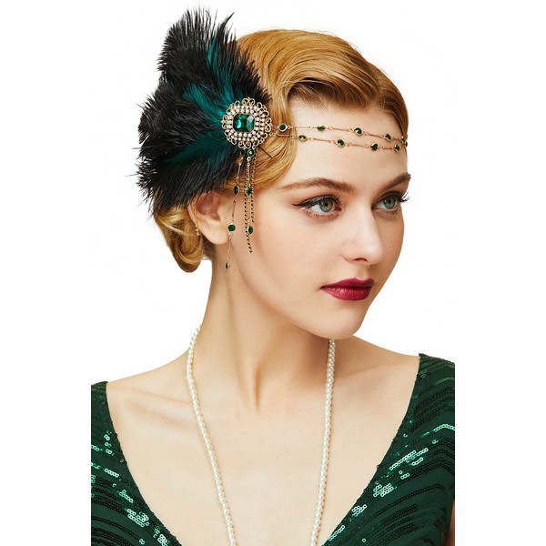 BABEYOND Feather Headpiece Great Gatsby Accessories for Women Roaring 20's Party Headpiece (Green)