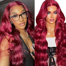 Lakaisa Human Hair Body Wave Human Hair Wig 4 x 1 Lace #99J Burgundy Glueless Wear and Go Wig Women's Real Hair Pre Bleached Knots Pre Plucked with Baby Hair for Woman 18 Inches