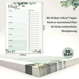 RFBEUTEL Menüplaner mit Einkaufsliste zum Abtrennen a5 Essensplaner 50 Blatt Notizblock für Mahlzeiten Speiseplan für Familie, Freunde, WG, Diät