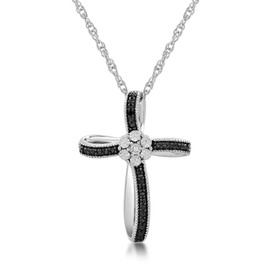Jewelili Sterling Silver Treated Black and Natural White Round Diamond Accents Cross Pendant Necklace, 18" Rope Chain