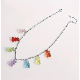 Gummy bear necklace | rainbow mini resin bears chain, junk candy teddy bear gift, colorful jelly bear accessories, y2k festival pendant, Metal, No Gemstone