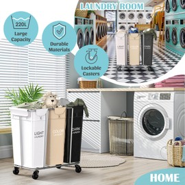 PLKOW Laundry Sorter 3 Section, 220L Large Laundry Cart with Wheels 3 Hamper Laundry Sorter with Steel Frame and Removable Bag, Rolling Laundry Cart for Home, Laundry Room, Hotel, 6 Bushel