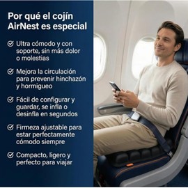 Airnest Cojín Inflable Para Avión – Almohadilla Portátil Con Soporte Ergonómico,Airbag 3D Para Alivio De Presión De Cóccix Y Espalda,Sin Bomba,Ideal Para Viajes Largos,Oficina Y Coche (Gris Oscuro)