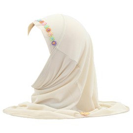 Modest Beauty Instant Hijab for Kids Girls Muslim Headscarf Islamic Scarf with Flowers Soft, Small Flower-cream, Small